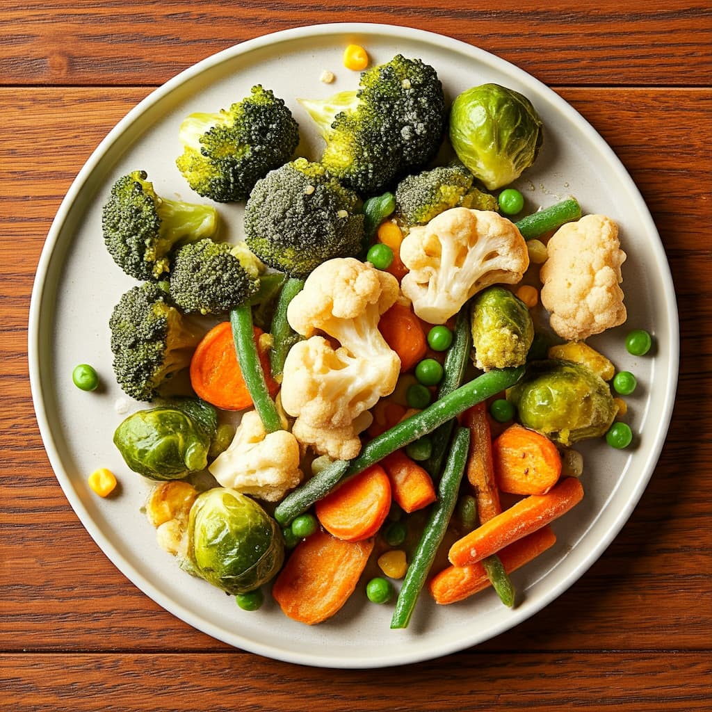 A plate of perfectly air-fried frozen vegetables